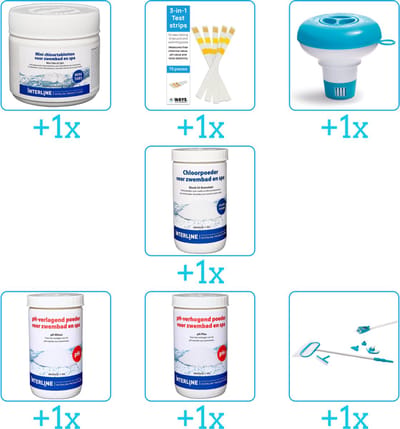 Zwembad Onderhoudspakket - Onderhoud Zwembad - bevat Chloor - Testrips - Chloordrijver - Chloor - PH-min - PH-plus en Schoonmaakset (7-delig)