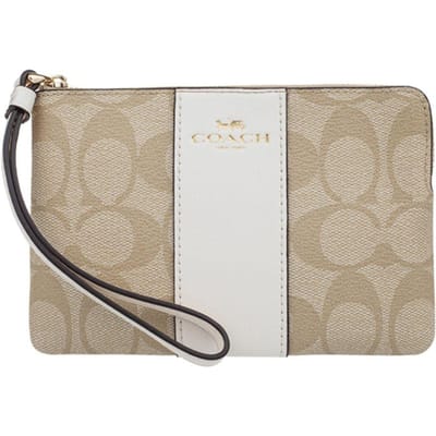 Coach Hoek Ritssluiting 16 Monogram Canvas en Leer Polsbandje Clutch Kleine Dames clutch Wit Khaki 58035-IMDQC Gift Box Set (Basic Set+Yellow Box) beige