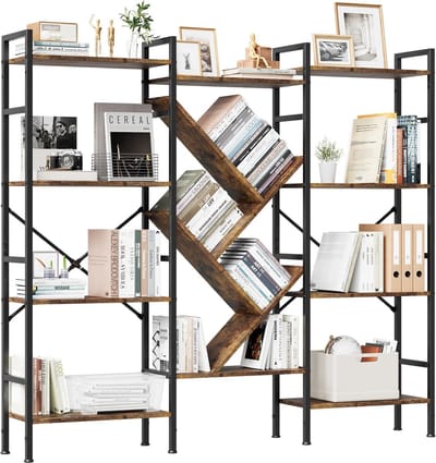 Industriële boekenplank in boomvorm met 4 planken - Grote open boekenplank met 14 planken - Stevig metalen frame - Rustieke opbergkast voor woonkamer, slaapkamer of kantoor
