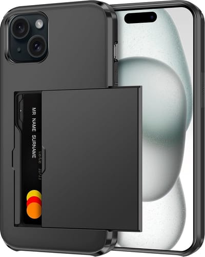 Hoesje Geschikt voor iPhone 15 Plus Hoesje Zwart - shockproof Backcover met pasjeshouder - Ruimte voor 2 pasjes