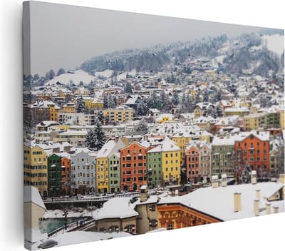 Artaza Canvas Schilderij Winterlandschap Stad - 60x40 cm - Wanddecoratie Bergen - Muurdecoratie Winter - Schilderijen Op Canvas