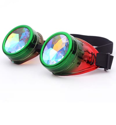 KIMU® Goggles Steampunk Bril - Groen Rood Montuur - Caleidoscoop Glazen - Spacebril Burning Man Rave Space Zijkleppen Kaleidoscoop Draak Festival