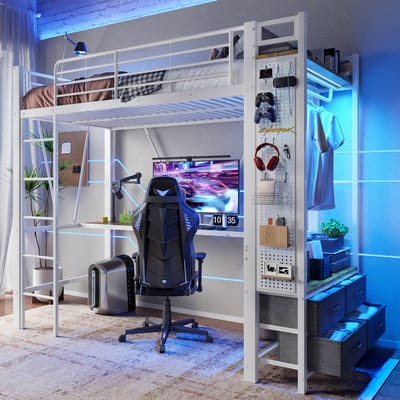 Hoogslaper - 90x200 cm - Bed met Bureau en 4 Lades - LED, USB en Pegboard - Ijzer - Wit