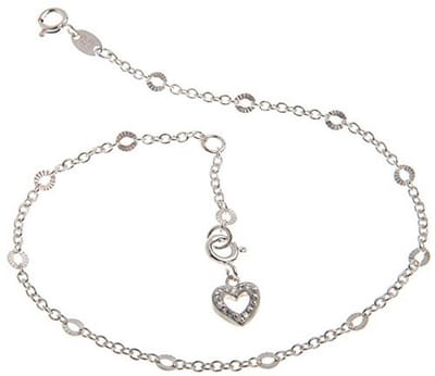 Zilveren enkelbandje met geslepen hart, 2 mm breed, lengte 23-30 cm, 925 sterling zilver