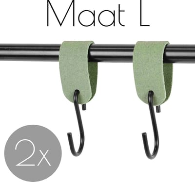 2x Leren S-haak hangers - Handles and more® | SUEDE JADE - maat L (Leren S-haken - S haken - handdoekkaakje - kapstokhaak - ophanghaken)