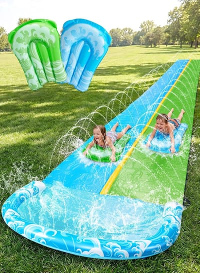 Waterglijbaan met plank - Zomerpret glijbaan - Tuin waterpret - Extra lange dubbele baan - 990 cm lang - Blauw groen