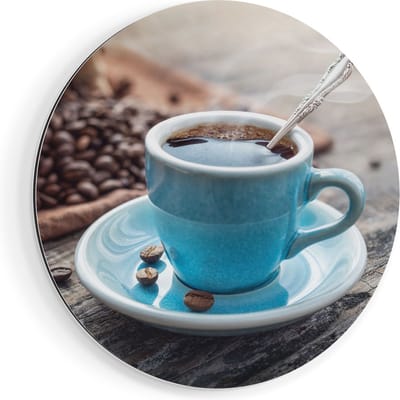 Artaza Dibond Muurcirkel - Blauw Kopje Koffie Met Koffiebonen - Ø 90 cm - Groot - Wandcirkel - Rond Schilderij - Voor Binnen en Buiten