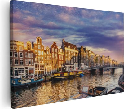 Artaza Canvas Schilderij Amsterdamse Grachten - 30x20 cm - Klein - Wanddecoratie Sterrenhemel - Muurdecoratie Boten - Kamer Accessoires