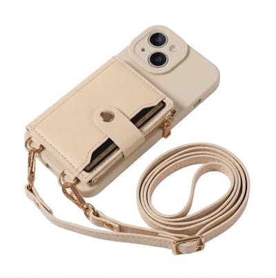 Beige telefoon hoesje met portemonnee en rits geschikt voor iPhone 13 Mini – kunstleer beschermende case voor dames en heren met pasjeshouder, druksluiting, afneembare draagkoord en standaard functie