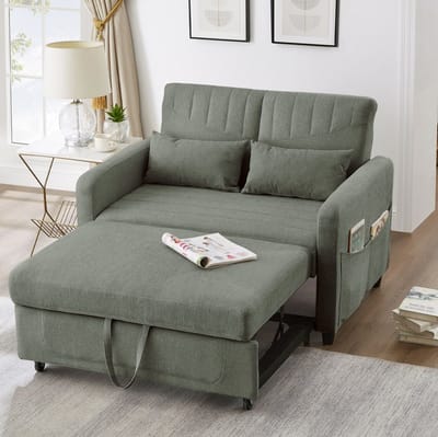 MIVRAY Slaapbank 114 x 77 x 82,5 cm - Uitschuifbaar Met 3-Standen Rugleuning - Voor Woonkamer En Slaapkamer - Katoen Linnen Legergroen