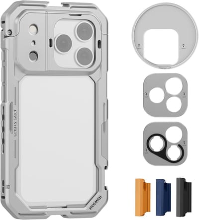 Phone Cage voor iPhone 17 Pro - Snelle Ontgrendeling Video Rig Stabilizer met 67mm Filterring, 17mm Lens Backplate en T-Mount Adapter voor Professionele Opnames