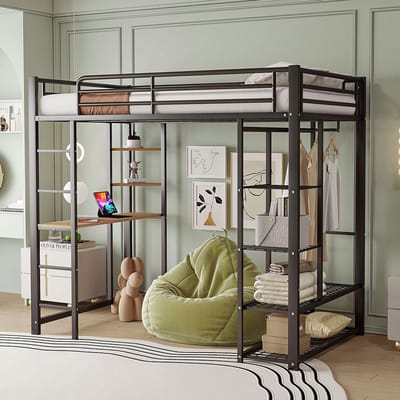 Komhtom Stapelbed met ladder 90*200 cm, eenpersoonsbed voor kinderen met enkel hangend tafeltje en opbergvakken, zwart