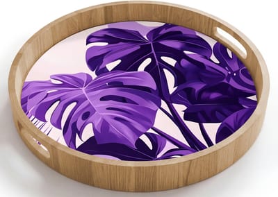 Dienblad rond 40x40 cm - Schootdienblad hout - Bladeren - Paars - Tropisch - Abstract - Borrelplank rechthoek - Plateau houten dienbladen