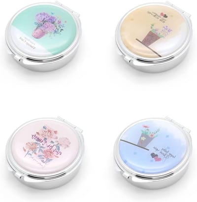 Ronde pillendozen set van 4 stuks, 6 x 6 x 1.8 cm, met spiegel en olie schilderij patroon, ideaal voor vitamines, medicijnen en sieraden