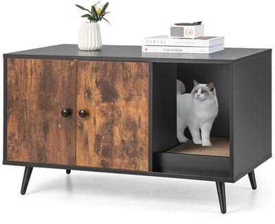COSTWAY Kattenkast voor kattentoilet, 2-in-1 bijzettafel, kattenbak, kast met krabplank en 2 deuren en ingang, kattenmeubel voor katten, honden, huisdieren, 90 x 50 x 54 cm (vintage)