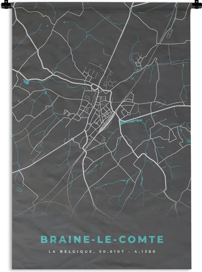 Wandkleed - Wanddoek - België – Braine le Comte – Stadskaart – Kaart – Blauw – Plattegrond - 120x180 cm - Wandtapijt