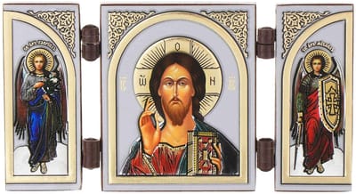 Dailygoods- Icoon Drieluik Jezus Christus - Houten Altaar - Christelijke Iconografie - Goddelijke Liefde - Barmhartigheid - Verlossing - Religieus Kunstwerk