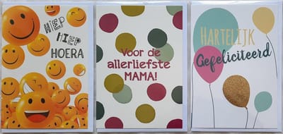3 Wenskaarten - Voor de Allerliefste MAMA + Hartelijk Gefeliciteerd + Hiep Hiep Hoera - 12 x 17 cm – MAM-301