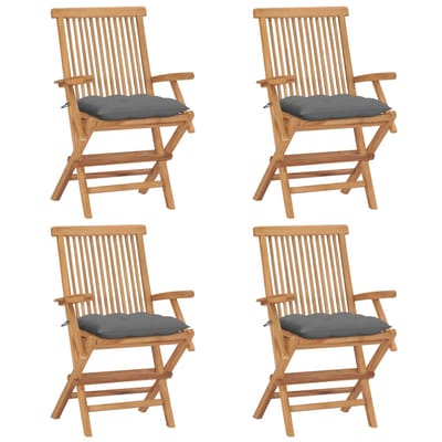 vidaXL - Klapstoelen - met - grijze - kussens, - 4 - stuks, - massief - teakhout