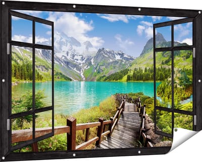 Gards Tuinposter Doorkijk Pad naar een Helder Blauw Meer in de Bergen - 150x100 cm - Tuindoek - Tuindecoratie - Wanddecoratie buiten - Tuinschilderij