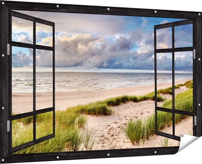 Gards Tuinposter Doorkijk Strand en Duinen met Bewolking - 180x120 cm - Tuindoek - Tuindecoratie - Wanddecoratie buiten - Tuinschilderij