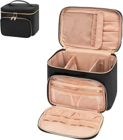 Cosmetic Bag Organizer with Makeup Brush Compartment for Women and Girls - Stylish and Portable with Handle and Divider (Black)