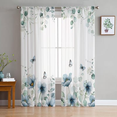 Eucalyptus Tulp Vlinder Bloem Madeliefje Blad Transparante Gordijnen Slaapkamer Woonkamer Voile Raamgordijnen Tule Gordijnen Kinderkamer 135W x 114H(cm) white