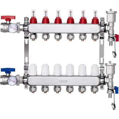 Collecteur de Chaleur Radiante à 6 Branches Tuyau PEX 1/2  Ensemble de Collecteur pour Chauffage au Sol