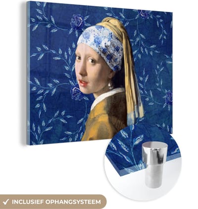 MuchoWow® Glasschilderij 160x120 cm - Schilderij acrylglas - Meisje met de parel - Delfts blauw - Vermeer - Bloemen - Schilderij - Oude meesters - Foto op glas - Schilderijen