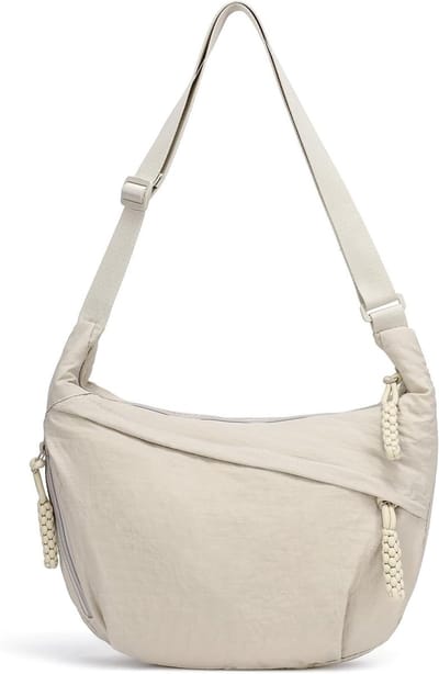 Halfmoon crossbody bag - Hobo tas, schoudertas, verstelbare schouderriem, nylon, beige, rits, trendy en veelzijdig