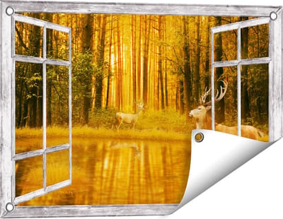 Gards Tuinposter Doorkijk Twee Herten in het Bos bij het Water - 60x40 cm - Tuindoek - Tuindecoratie - Wanddecoratie buiten - Tuinschilderij