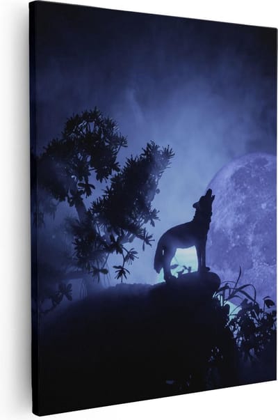 Artaza Canvas Schilderij Wolf - 80x100 cm - Groot - Wanddecoratie Huilende Wolf - Muurdecoratie Volle Maan - Schilderij Dieren - Paars