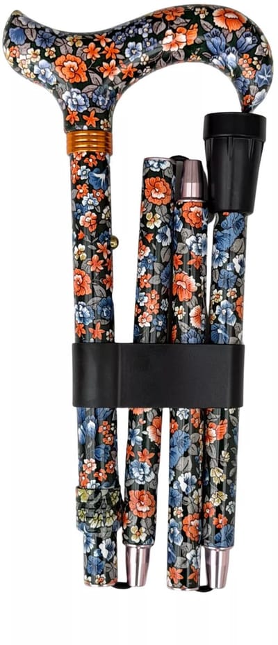 Garcia 1880 Opvouwbare wandelstok – Zwart met bloemen – lengte van 84 tot 94 cm – Diameter dop 16 mm – Gewicht 320 gram