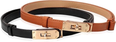 Set van 2 Dames Riemen - Klassiek Bruin & Zwart met Gouden Gesp - Verstelbaar Slim voor Jeans en Jurken