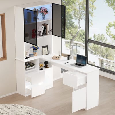 MIVRAY Hoekbureau Met Regaal En Vitrinekast Met Led Verlichting En Opbergruimte Voor Thuiswerk En Studie Wit 120 X 80 X 180 Cm