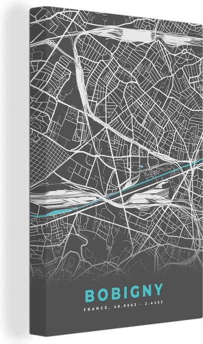 Canvas Schilderij Kaart – Stadskaart – Frankrijk - Bobigny - Plattegrond - 20x30 cm - Wanddecoratie