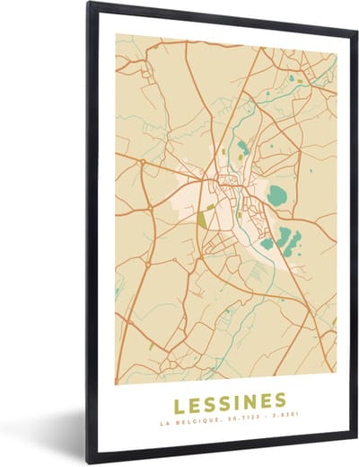 Fotolijst incl. Poster - Kaart - Plattegrond - Stadskaart - Vintage - Lessines - 40x60 cm - Posterlijst