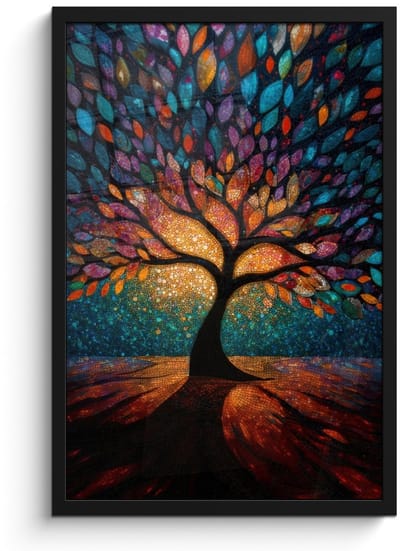 Poster in lijst - Fotolijst 40x60 cm - Posters - Mozaïek - Kleurrijk - Boom - Takken - Posterlijst zwart - Decoratie - Wanddecoratie woonkamer - Muurdecoratie slaapkamer