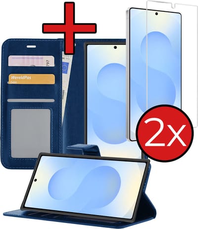 Hoesje - Met 2x Screenprotector - Geschikt voor Samsung Galaxy S25 Ultra - Luxe Pasjeshouder - Flip Case - Bookcase Portemonee - Kunstleer Book Case - Flipcase Hoes - Book Cover - Walletcase - Portemonneehoes - Telefoonhoes - Donkerblauw