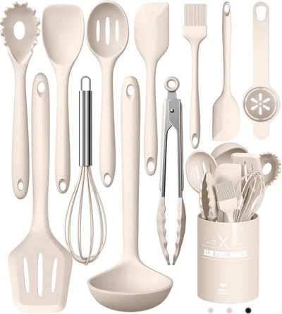 Wishdor 12-Delige Keukengerei Set - Siliconen met RVS Kern - Hittebestendig (230°C) & Krasvrij - Inclusief Houder - Khaki