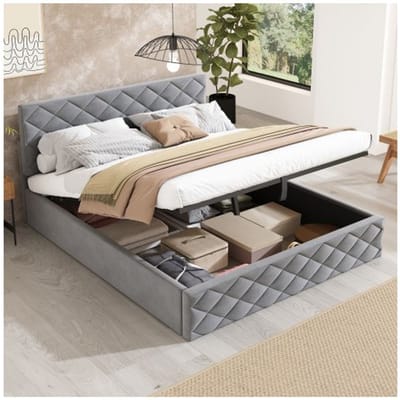 Gestoffeerd bed - MUVOE - 140x200 cm - Hydraulische functie - Opbergruimte - Elegant design grijs