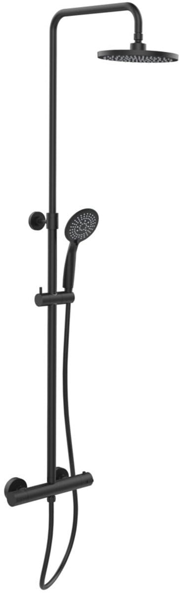 WENKO Doucheset Young Eco in mat zwart met Regendouche Ø20cm, RVS Douchestang uitschuifbaar van 75-120cm, Douchekophouder, Douchekop Ø11cm met 5 standen, Doucheslang 150cm en Thermostatische douchekraan - Waterbesparend - Regendoucheset-Douchesysteem