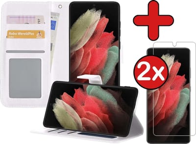 Hoesje - Met 2x Screenprotector - Geschikt voor Samsung Galaxy S21 Ultra - Luxe Pasjeshouder - Flip Case - Bookcase Portemonee - Kunstleer Book Case - Flipcase Hoes - Book Cover - Walletcase - Portemonneehoes - Telefoonhoes - Wit