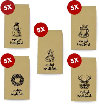 25 kleine kraft zakjes KERST - Traktatiezakjes - Uitdeelzakjes - Feestzakjes - Snoepzakjes - 8,5 x 13,2 cm