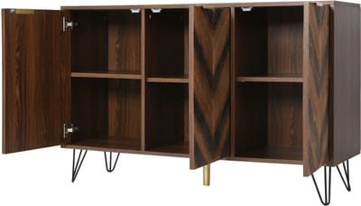 Dressoir, Exclusief driedeurs dressoir met stijlvolle details en veel opbergruimte. Deuren van massief houtfineer met een concave en convexe textuur. Bevat laminaat. Klein kastje met gouden accenten.