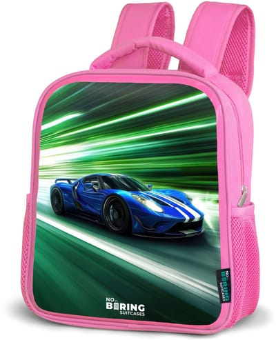 NoBoringSuitcases.com® - Rugzak roze - Schooltas meisjes - Blauwe raceauto met strepen in groene tunnel - Kinder rugtas meisje - Boekentas kind - Kinderrugzak voor school - Schoolrugzak