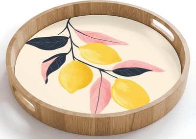 Dienblad rond 40x40 cm - Schootdienblad hout - Citroenen - Felgeel - Tak - Bladeren - Borrelplank rechthoek - Plateau houten dienbladen