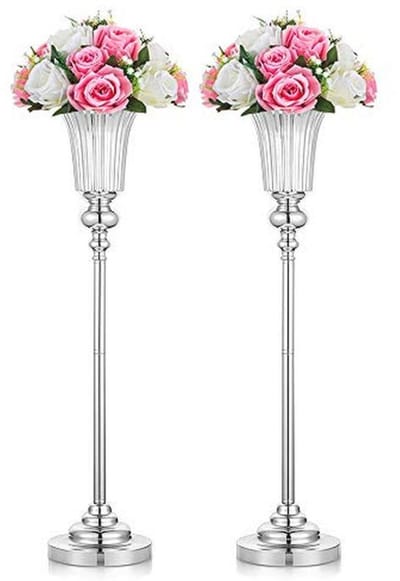 Nuptio 2Pcs Metal Wedding Centerpieces Vase for Table, Silver Trumpet Vase 68cm High, Road Lead for Wedding Dinner Centerpiece for Anniversary Ceremony Birthday Aisle Home Decoration