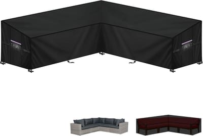 Famanu - Tuinmeubelhoes L-Vorm Afdekhoes voor Tuinmeubelen Waterdichte Rotan Hoekbankhoes Buiten Tuinbankhoes Lounge Afdekking Beschermhoes voor Hoekbank met Ventilatieopeningen, 235x235x100x90/65cm