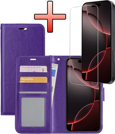 Hoesje - Met Screenprotector - Geschikt voor Apple iPhone 16 Pro - Luxe Pasjeshouder - Bookcase Portemonee - Flip Case - Kunstleer Book Case - Flipcase - Book Cover - Walletcase - Portemonneehoes - Paars